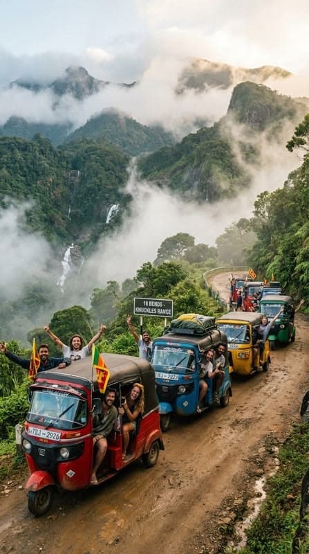 A convoy of tuk-tuks on the misty 16 Bends road through the Knuckles Range